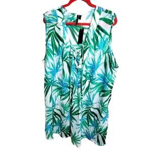 𝅺New tropical print laced neck swimsuit coverup plu‎